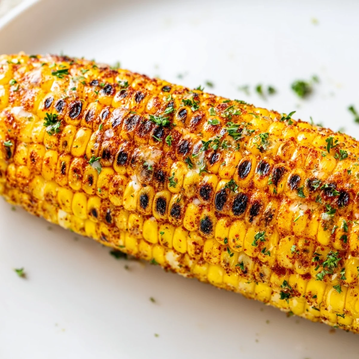 Quatre épis de maïs dorés au charbon, nappés d’un beurre relevé aux épices cajounes, avec une pointe de jus de citron.