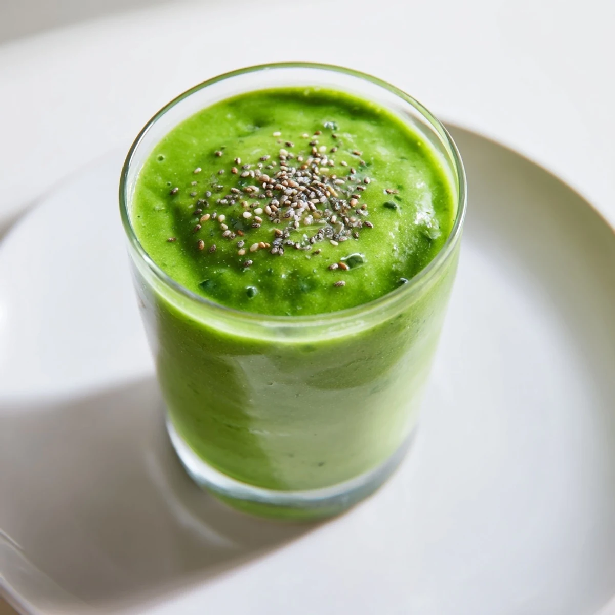 Un verre de Green Smoothie with Kale and Pineapple, vibrant et frais, avec des morceaux de glaçons et une paille pour une touche estivale.