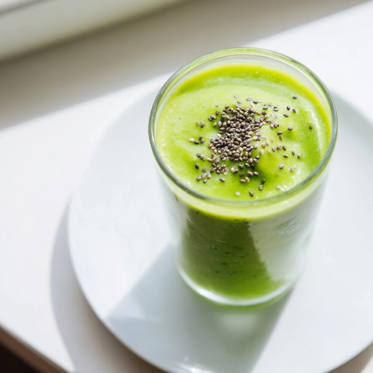 Green Smoothie with Kale and Pineapple servi dans un verre haut, entouré de feuilles de kale et de morceaux d'ananas frais.