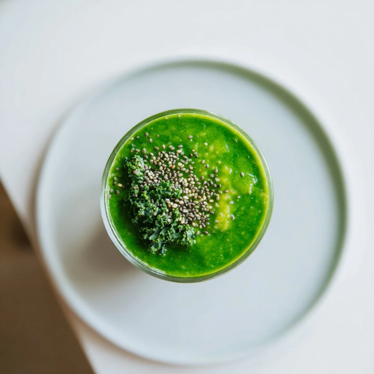 La recette Green Smoothie with Kale and Pineapple, parfait pour un petit-déjeuner sain, avec une texture crémeuse et des reflets verts et jaunes.