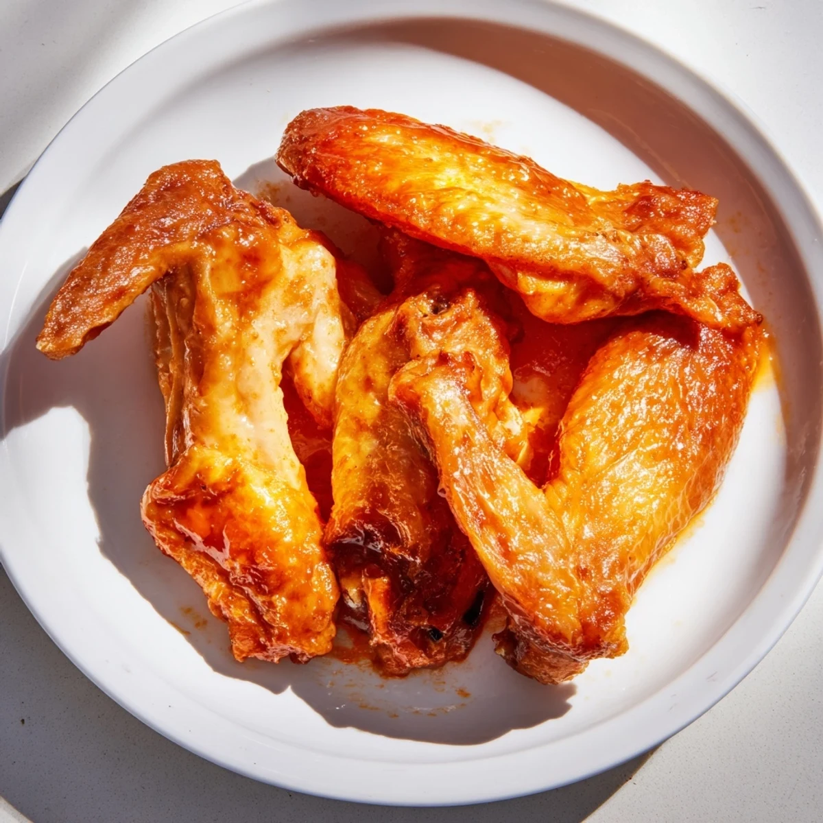 Golden-brown chicken wings with buffalo sauce glistening on a platter, served with blue cheese dip and crisp celery sticks.