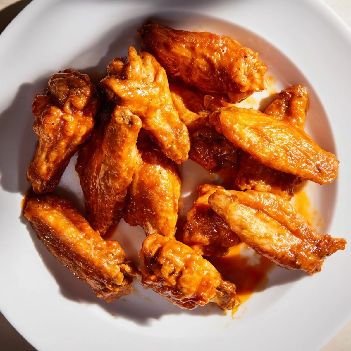 Freshly prepared chicken wings tossed in rich buffalo sauce, arranged on a tray with celery sticks and a creamy dip.