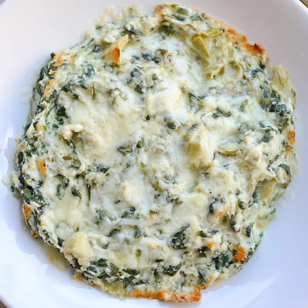 Une vue rapprochée d'un bol de Spinach and Artichoke Dip, avec du parmesan fondu et des copeaux de pain grillé à tremper.  