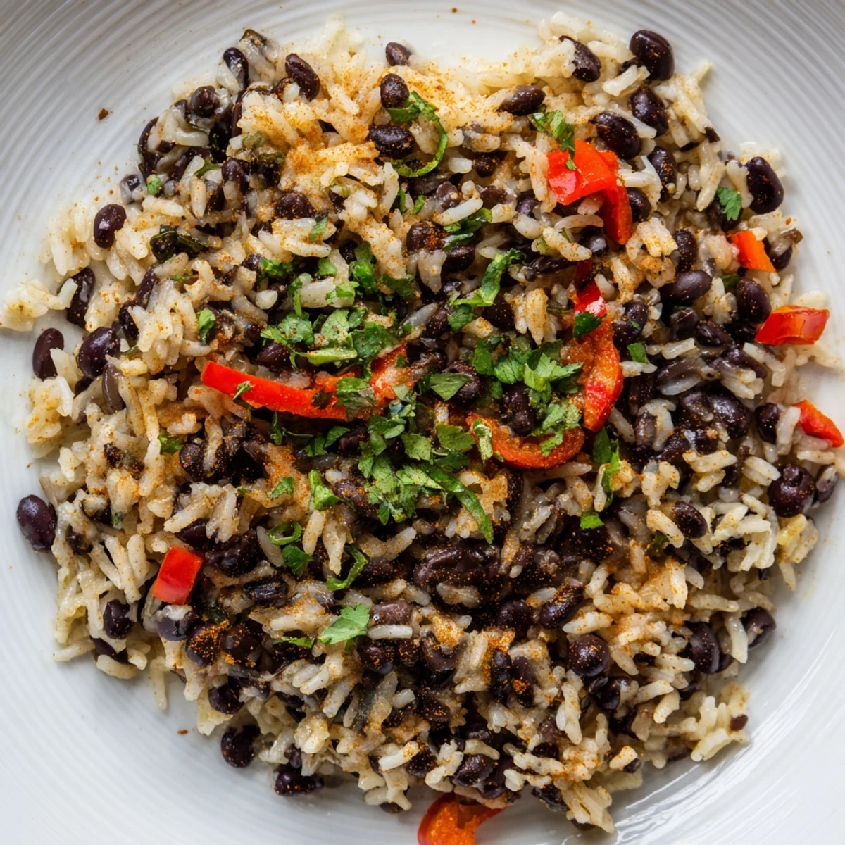 Gros plan sur du Rice and Beans with Spices, avec du riz moelleux et des haricots crémeux.