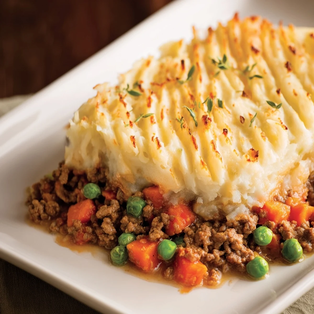 Un plat familial réconfortant : la Shepherds Pie avec boeuf haché, garni de légumes et une purée crémeuse dorée au four.