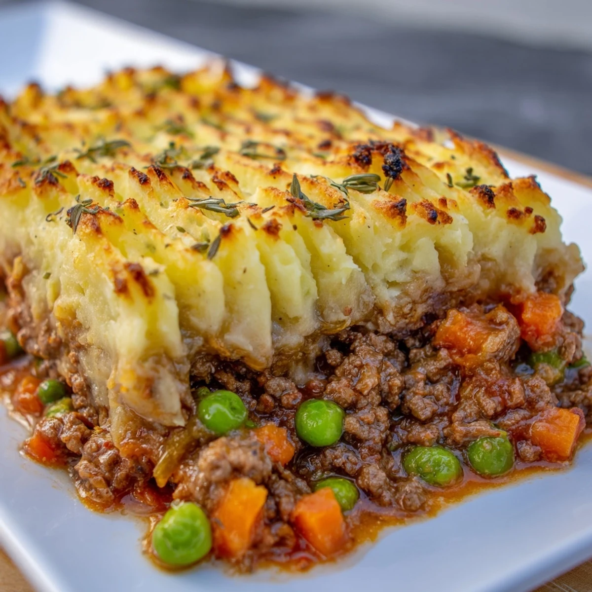 Gros plan sur une slice de Shepherds Pie au boeuf haché, présentée sur une assiette blanche avec une salade verte.