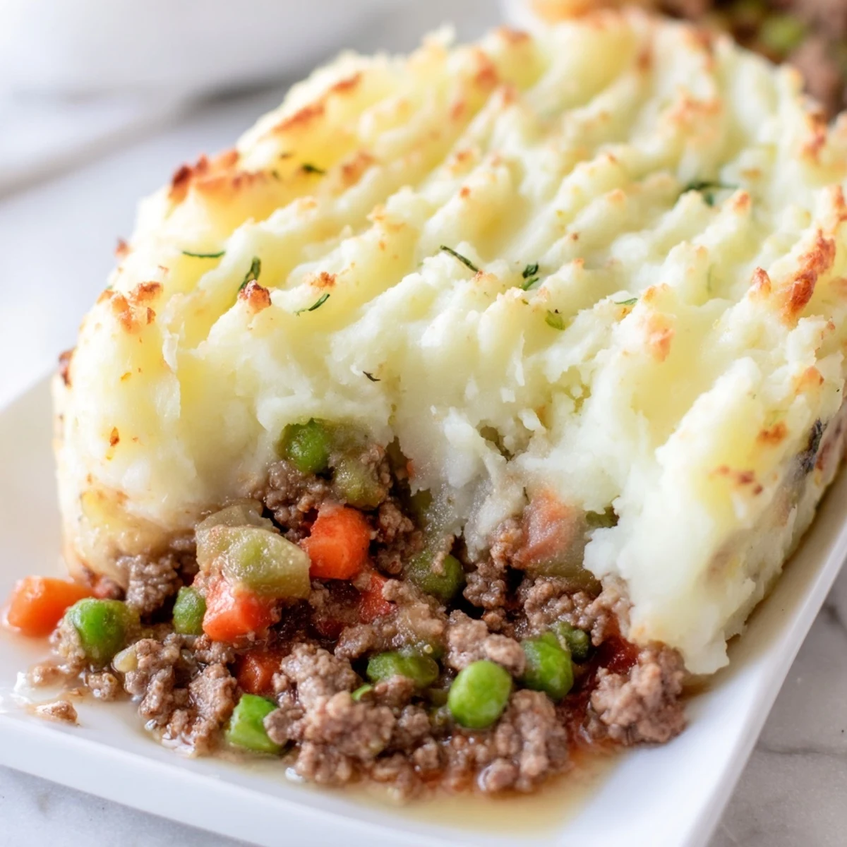 La Shepherds Pie au boeuf haché sort bouillante du four, avec une purée onctueuse et des légumes juteux dedans.
