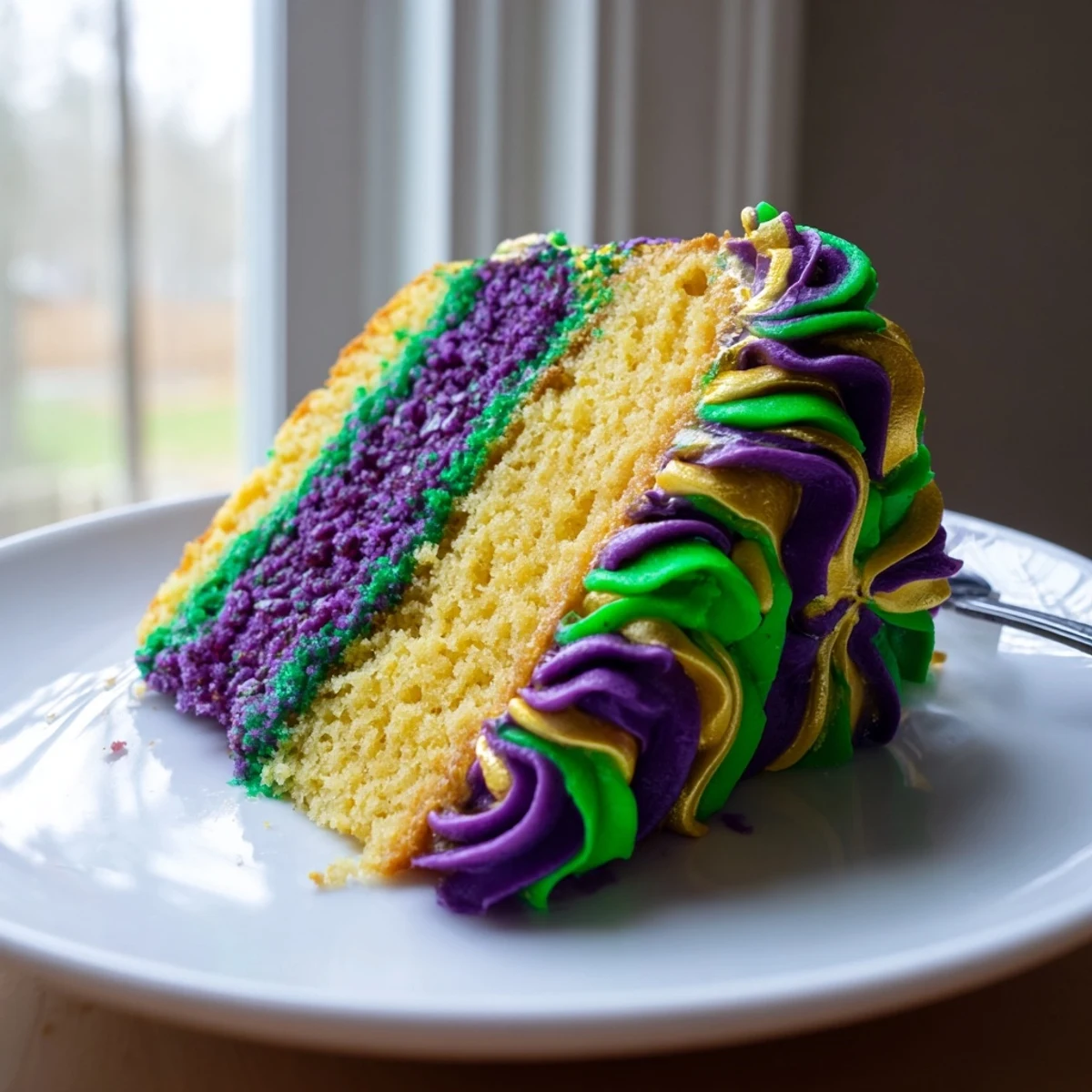 Sliced wedge of festive Mardi Gras Cake, fluffy layers topped with vibrant purple, green, and gold icing.