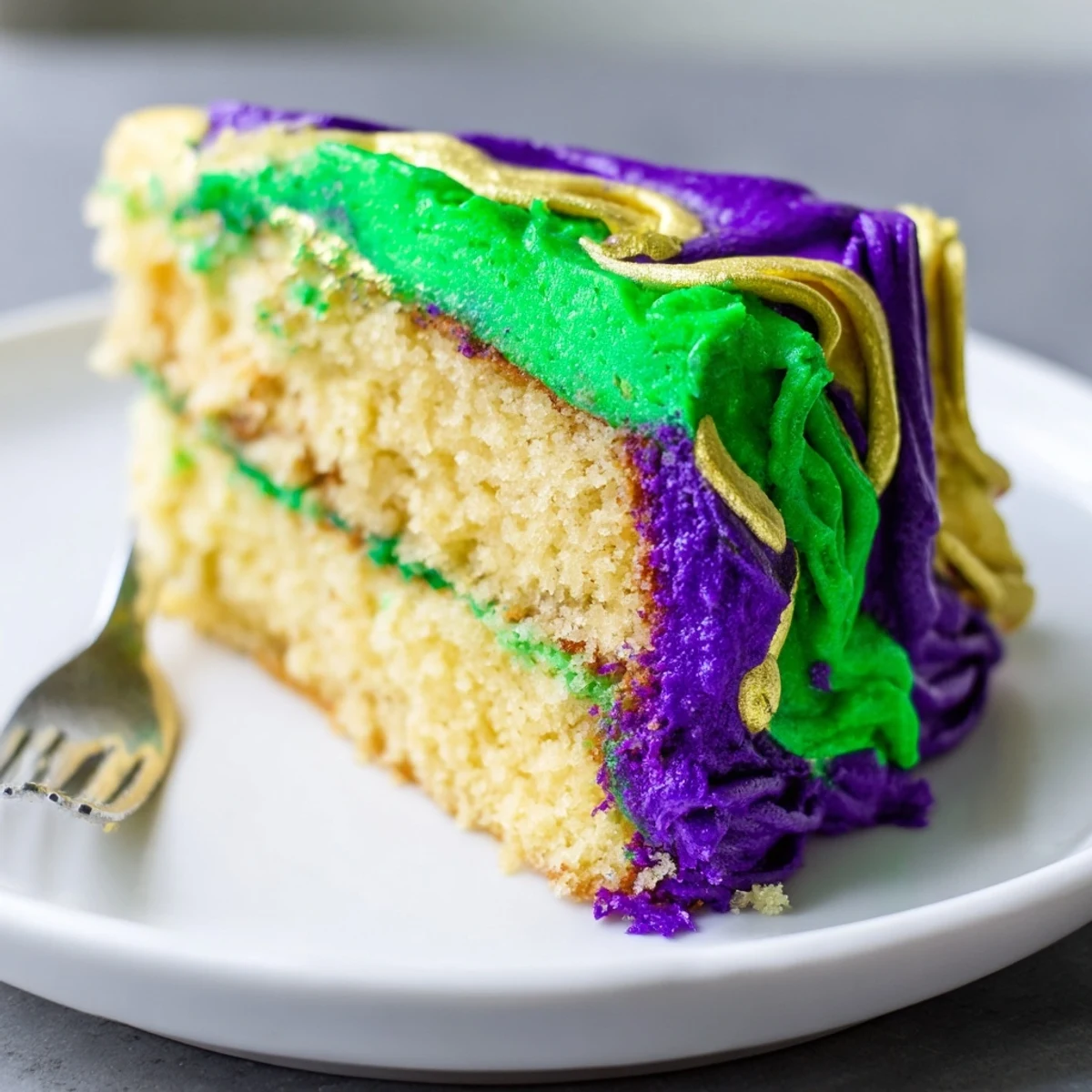 Moist Mardi Gras Cake showing a slice with creamy tricolor icing, ready to serve at a celebration.
