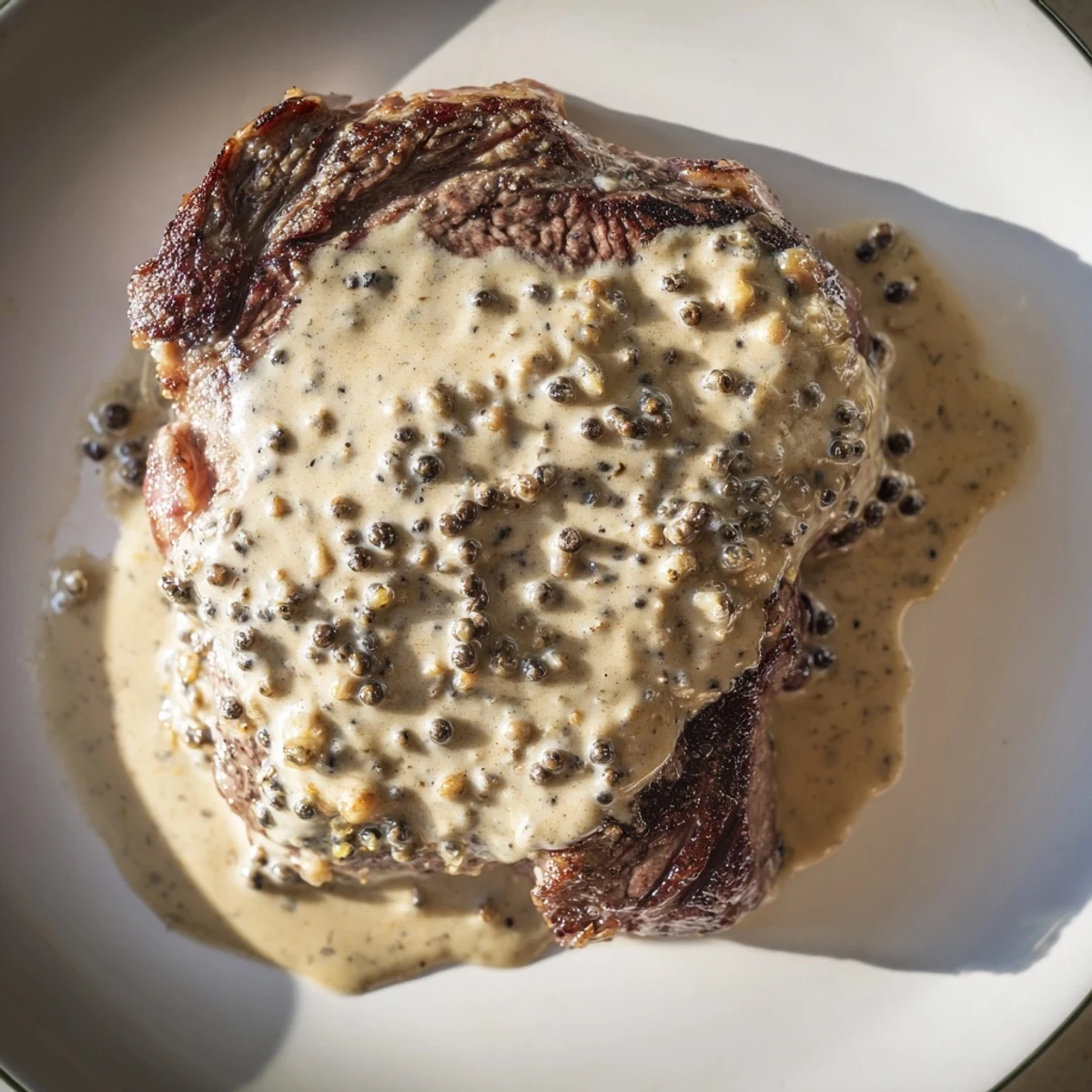 A juicy steak with peppercorn sauce resting on a plate beside roasted potatoes.
