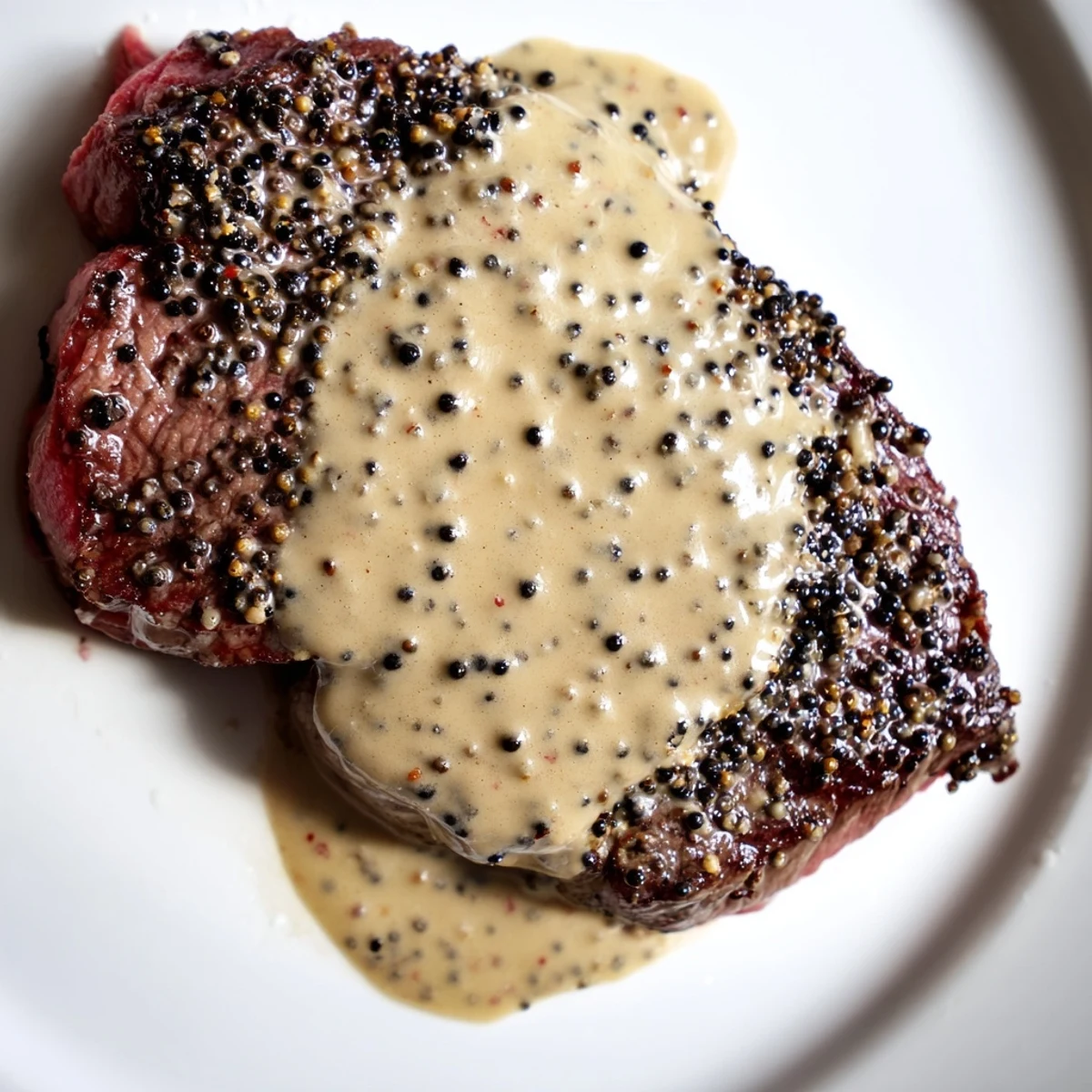 Golden-brown steak with peppercorn sauce plated, juices glistening under warm kitchen light.
