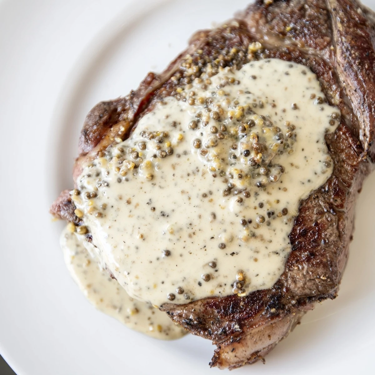 Sliced steak with peppercorn sauce drizzled, green peppercorns adding aromatic bursts to the creamy topping.