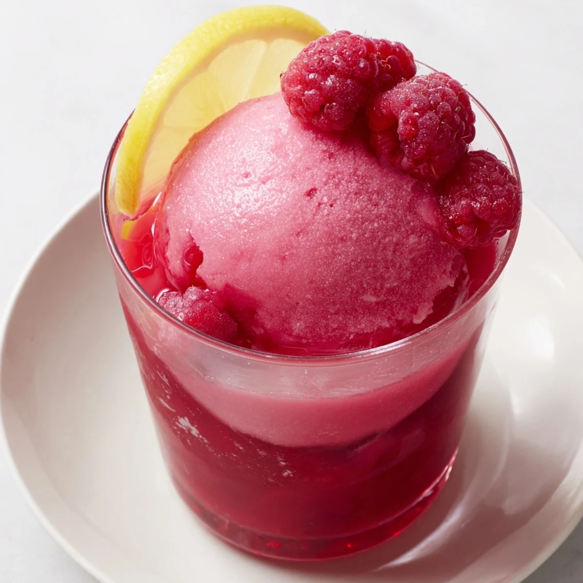 Un verre de punch rose vif avec du sorbet à la framboise et des tranches de citron pour une boisson festive.