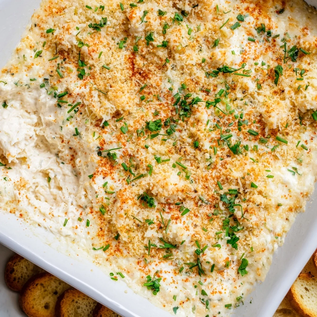 Un four bousculé de crabe croustillant garni de chives et de Parmesan, accompagné de croûtons et de biscuits.