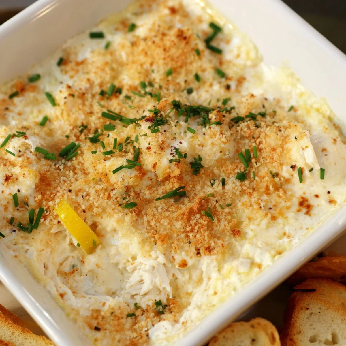 Un bol de crabe crémeux avec des croûtons grillés et des biscuits croquants, parfait pour un apéritif élégant.