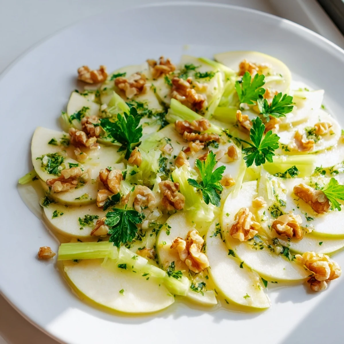 Une salade aux pommes, céleri et noix facile, servie dans un bol avec une dressing au citron.