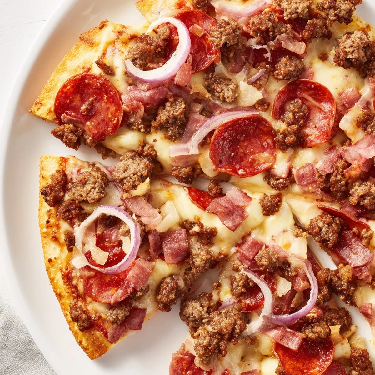 Morceau de pizza Meat Lover avec sa viande savoureuse et son fromage fondant sur un fond doré.