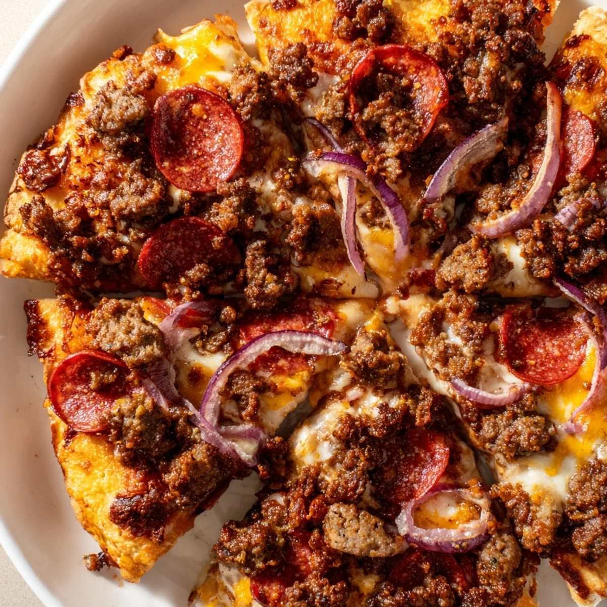 Une pizza garnie de bœuf haché, de bacon croustillant et de pepperoni, sur une pâte dorée et fondante.