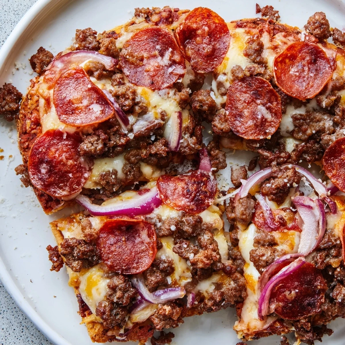 Délicieux Meat Lover Pizza aux viandes fondantes, servie chaude avec un quartier bien garni pour un repas savoureux.