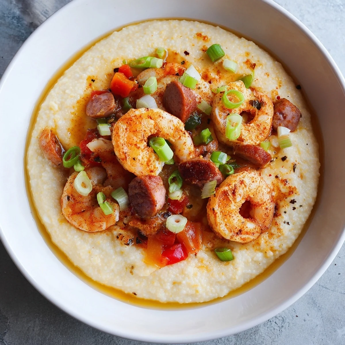 Sauce maison crémeuse aux crevettes et aux poivrons rouges sur des grits au cheddar fondants, garnie d'oignons verts et d'un quart de citron, dans une assiette grise en céramique.