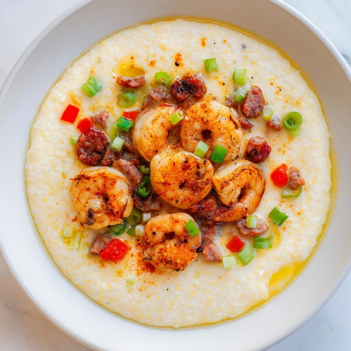 Crevettes et grits au cheddar dans des bols, avec des crevettes rose pâle sur du maïs crémeux, saupoudrées d'oignons verts frais et de paprika fumé pour un repas du Sud riche et savoureux.