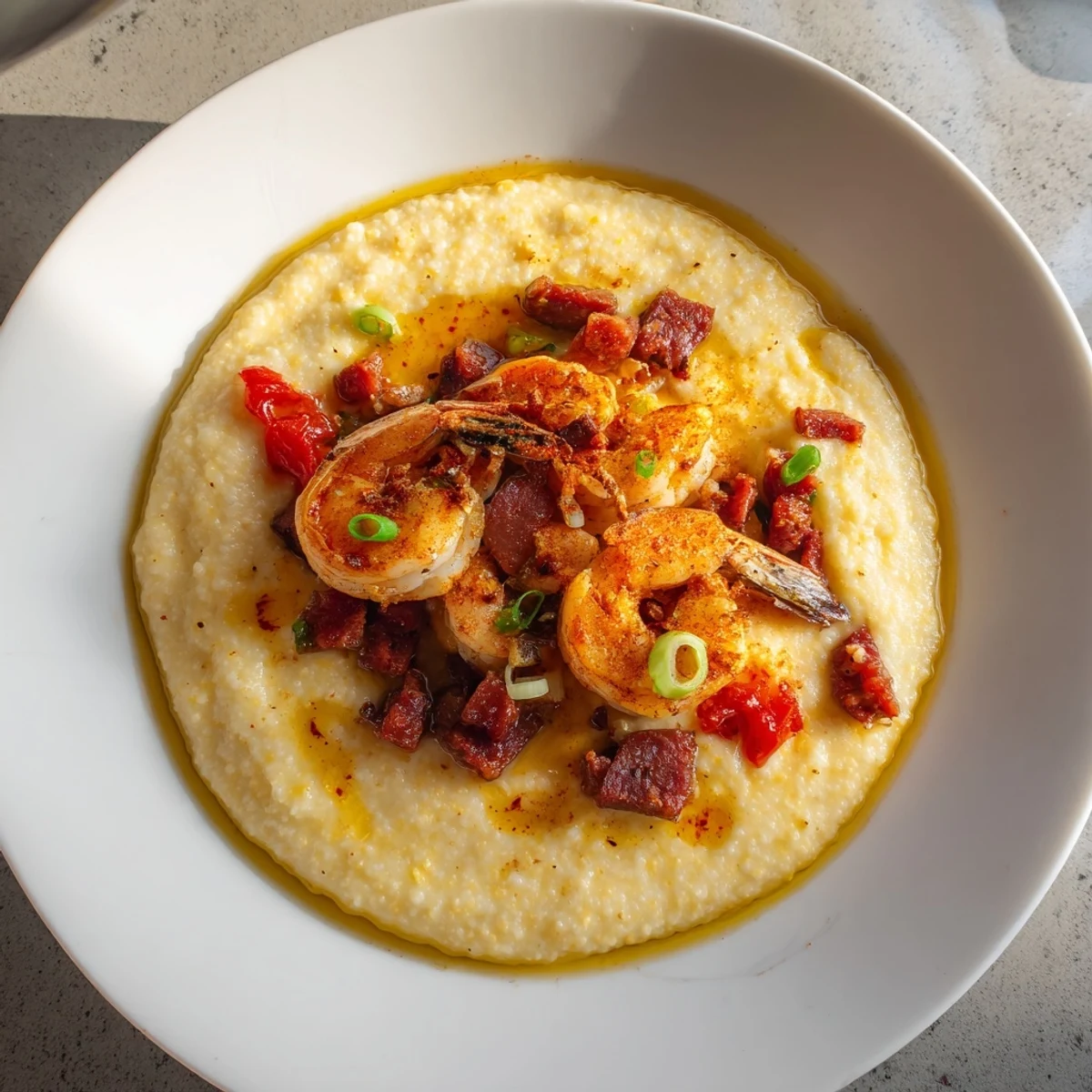 Maïs blanc riche au cheddar tranché au-dessus de crevettes sautées parfumées à l'ail et au paprika fumé, avec des morceaux d'andouille optionnelle pour une touche fumée et du Sud des États-Unis.