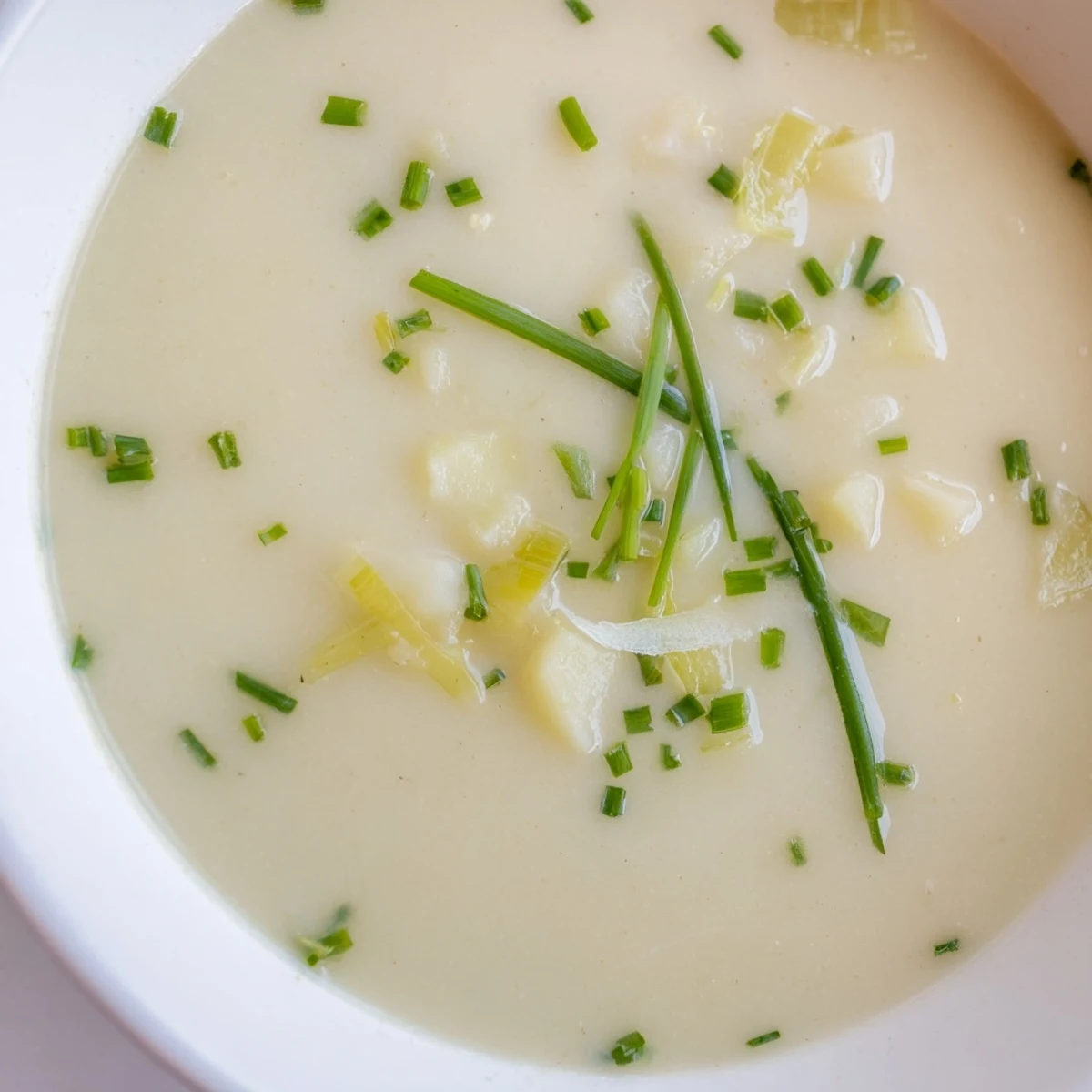 Un bol fumant de soupe onctueuse à l’oignon et à la pomme de terre, garni de ciboulette fraîche, servi avec du pain grillé côté le four.  