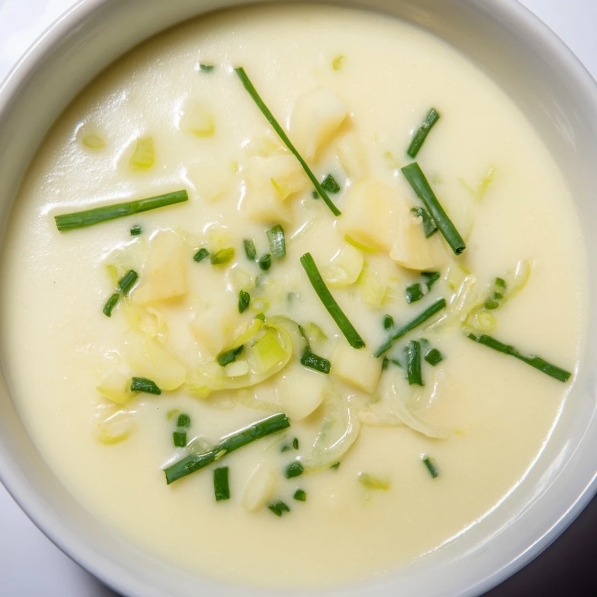 Texte alternatif : Soupe veloutée de pommes de terre et poireaux, brillante de crème épaisse et sa ciboulette, prête à être dégustée.