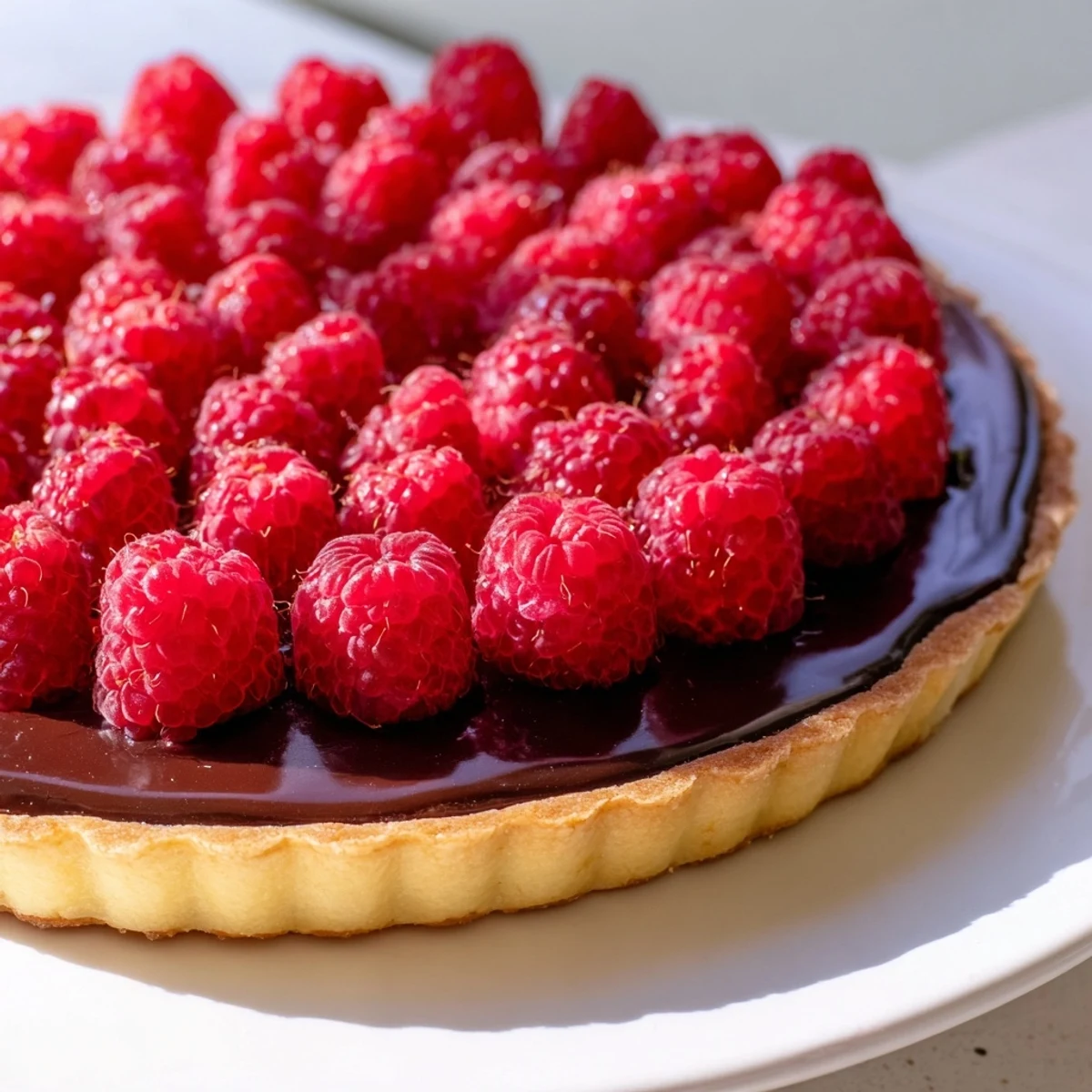 Un gâteau tarte à la framboise au chocolat avec une garniture de ganache lisse et des fruits rouges frais pour un dessert élégant.