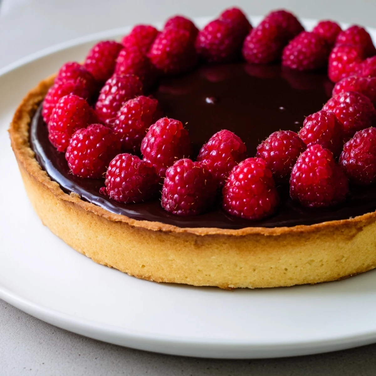 Cette tarte aux framboises et au chocolat présente une ganache veloutée et des fruits éclatants sur une pâte brisée dorée.