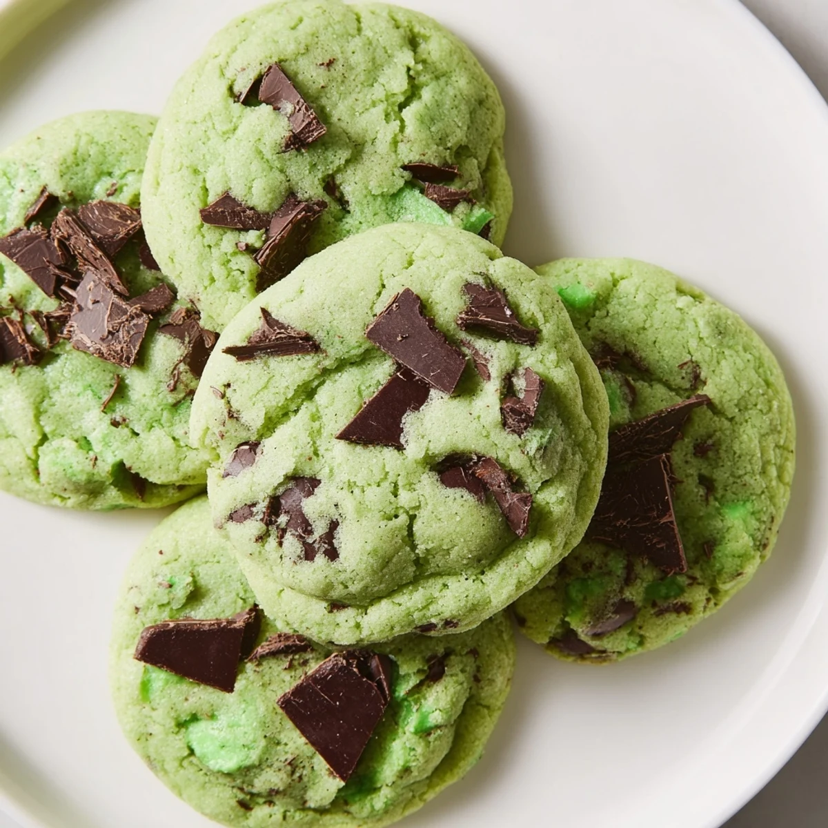Grosses cookies vert vif aux pépites de chocolat et saveur fraîche de menthe, prêts à déguster.