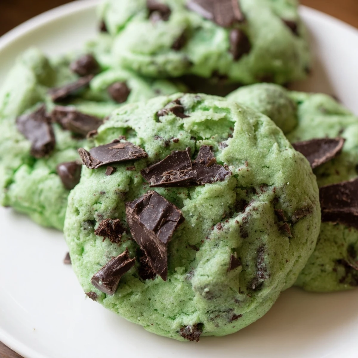 Mint Chip Cookies à la pâte colorée, truffées de pépites de chocolat noir et notes de menthe poivrée.