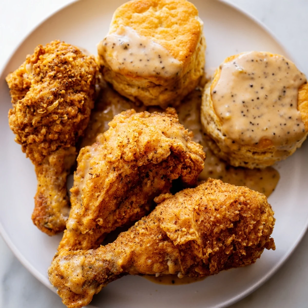 Golden-brown fried chicken pieces resting next to flaky biscuits, smothered in creamy, peppery country gravy for a hearty Southern meal.  