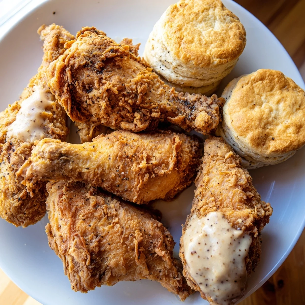 A close-up of crispy fried chicken and tender biscuits generously covered in savory, homemade country gravy, perfect for a comforting dinner.  