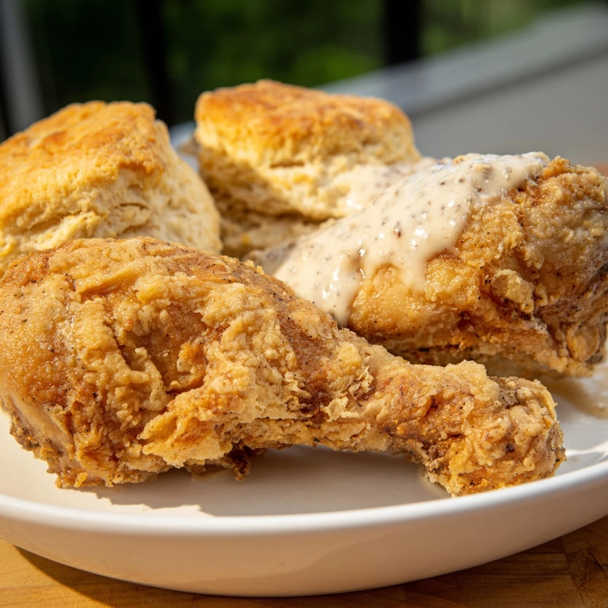 A rustic plate showcasing juicy fried chicken, golden biscuits, and rich white gravy, highlighting classic American Southern comfort food.