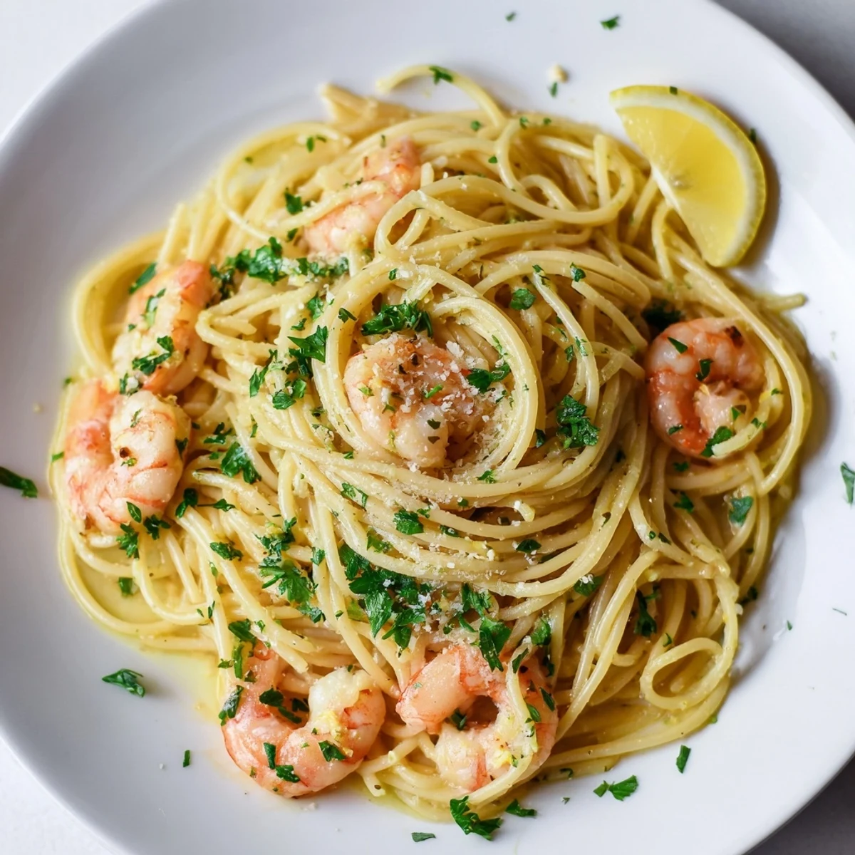 Plat pâtes aux crevettes au citron et à l'ail, avec un fromage parmesan râpé et du persil frais.
