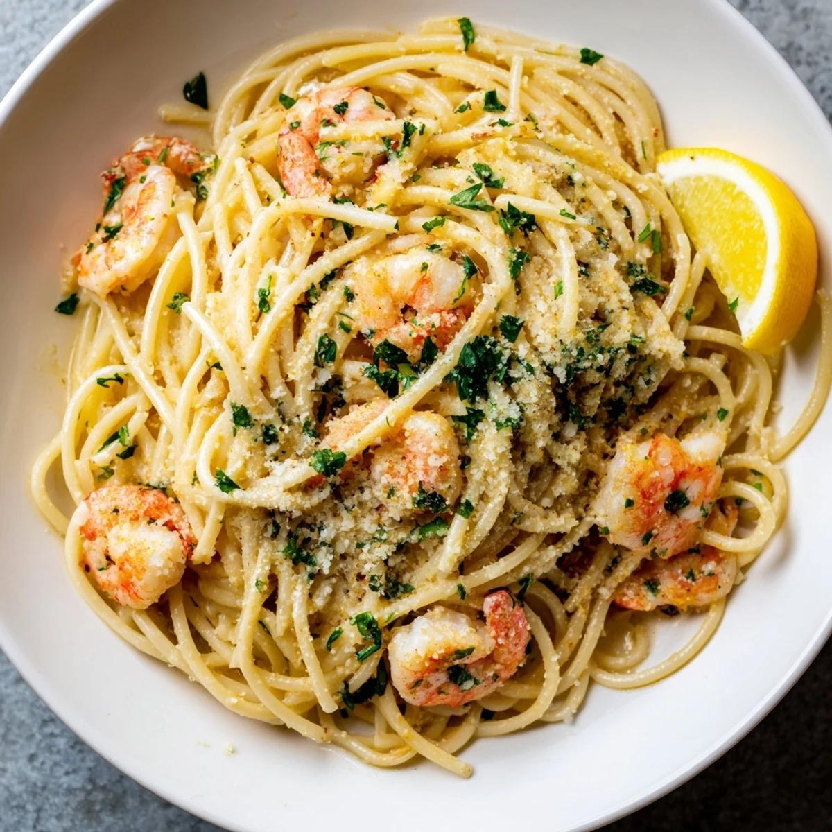 Création d'une recette de pâtes aux crevettes au citron et à l'ail sur un comptoir de cuisine en bois.