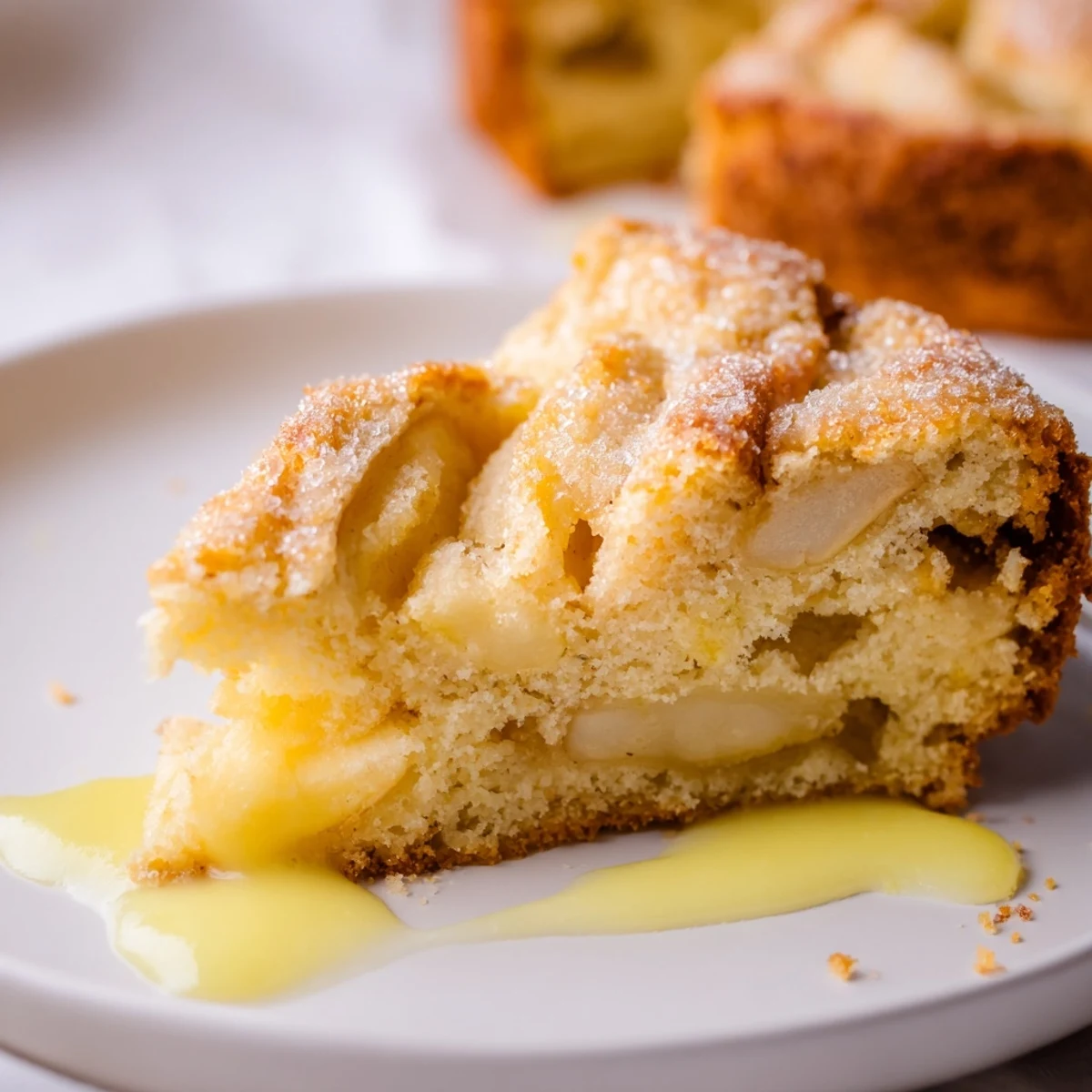 Une tranche de gâteau aux pommes irlandais doré avec une garniture de sucre de canne, arrosée d’une sauce à la vanille crémeuse.
