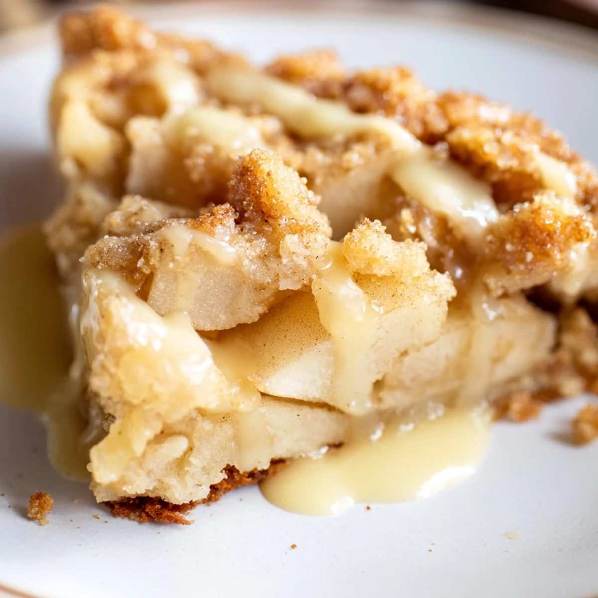 Gâteau aux pommes irlandais encore tiède tranché sur une planche en bois, avec une texture moelleuse et des morceaux de pommes tendres.