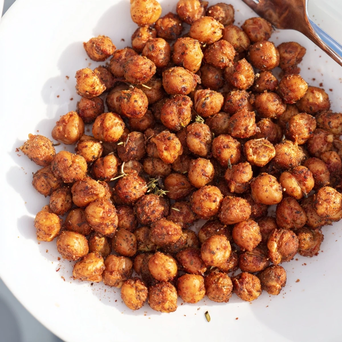 Golden-brown Cajun Spiced Roasted Chickpeas cooling on a baking sheet, offering a crispy and spicy vegan snack.
