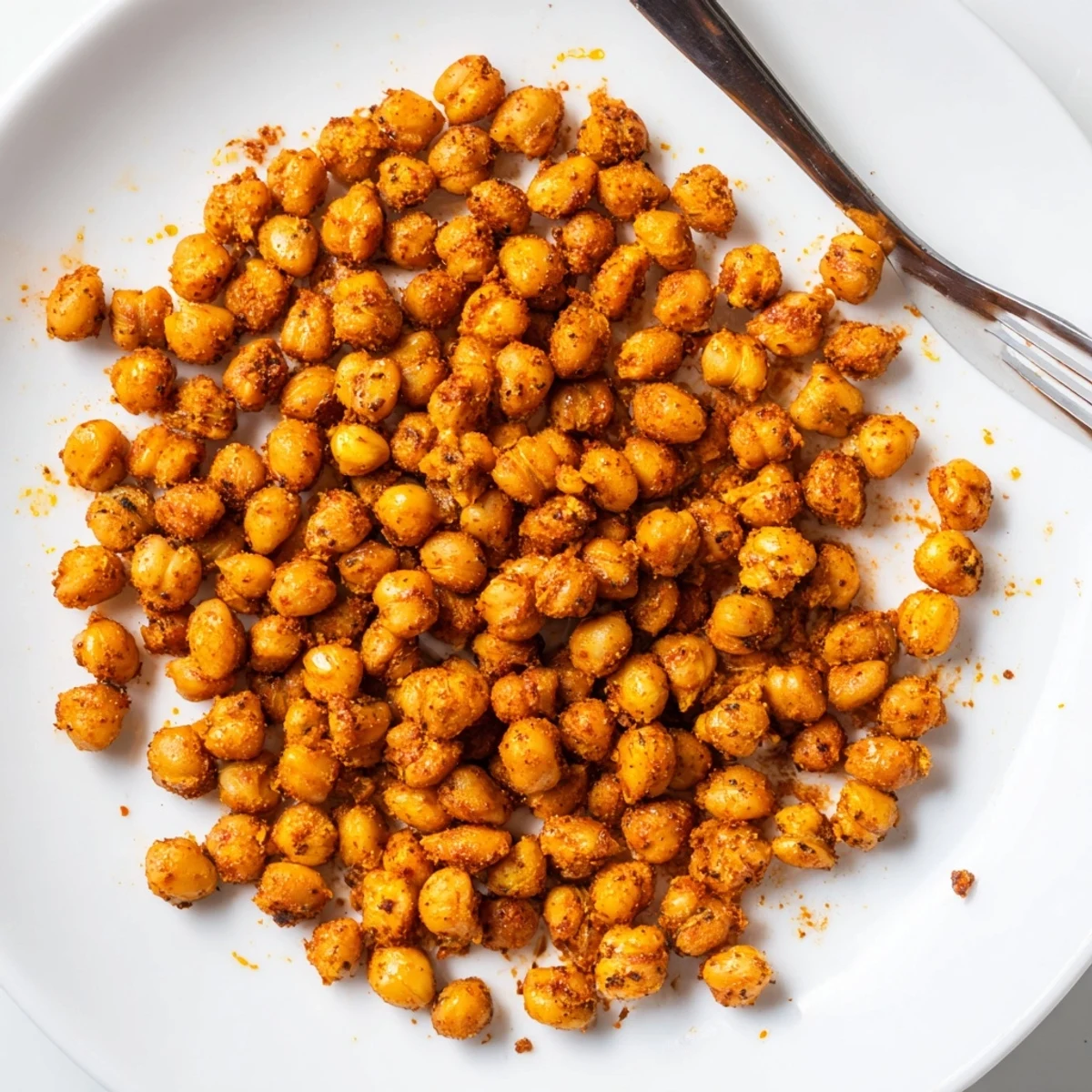 A close-up view of Cajun Spiced Roasted Chickpeas highlighting their crunchy texture and bold spice coating.