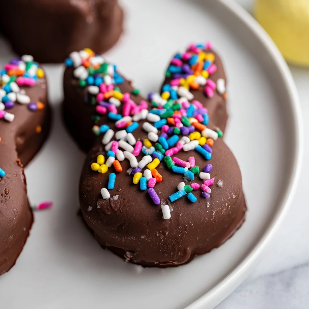 A close-up of chocolate covered Peeps with colorful sprinkles on a marble countertop for a festive party dessert.