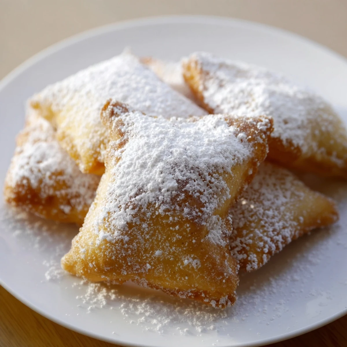 Beignets de Mardi Gras frits et dorés saupoudrés de sucre, tièdes et croustillants pour un goûter festif.