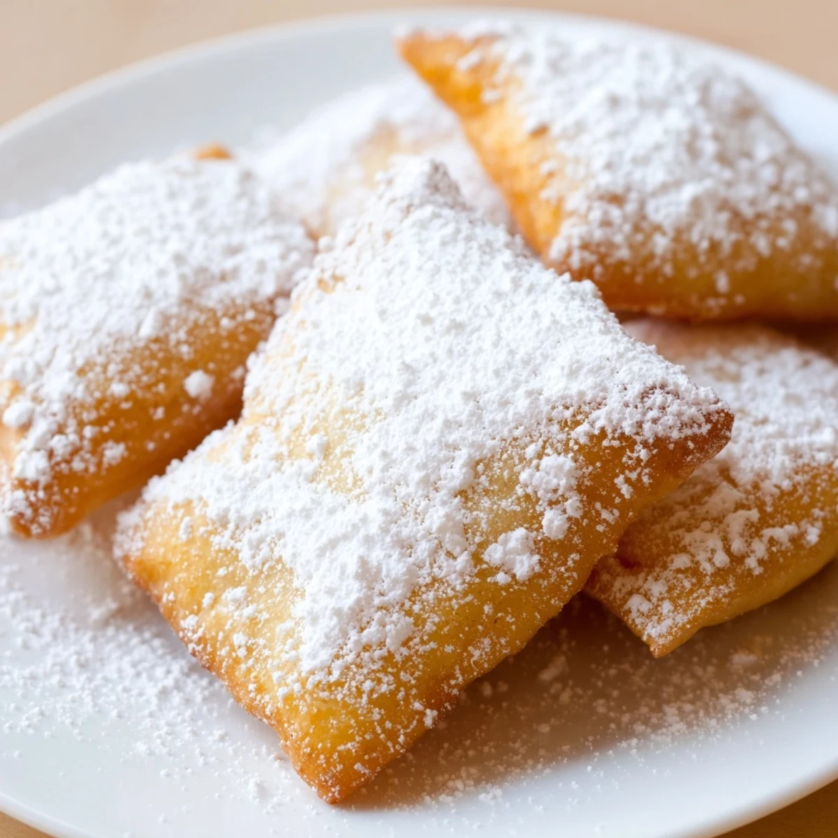 Poudre de sucre qui tombe sur des beignets de Mardi Gras frais, texturée et caramélisée, prête à déguster.