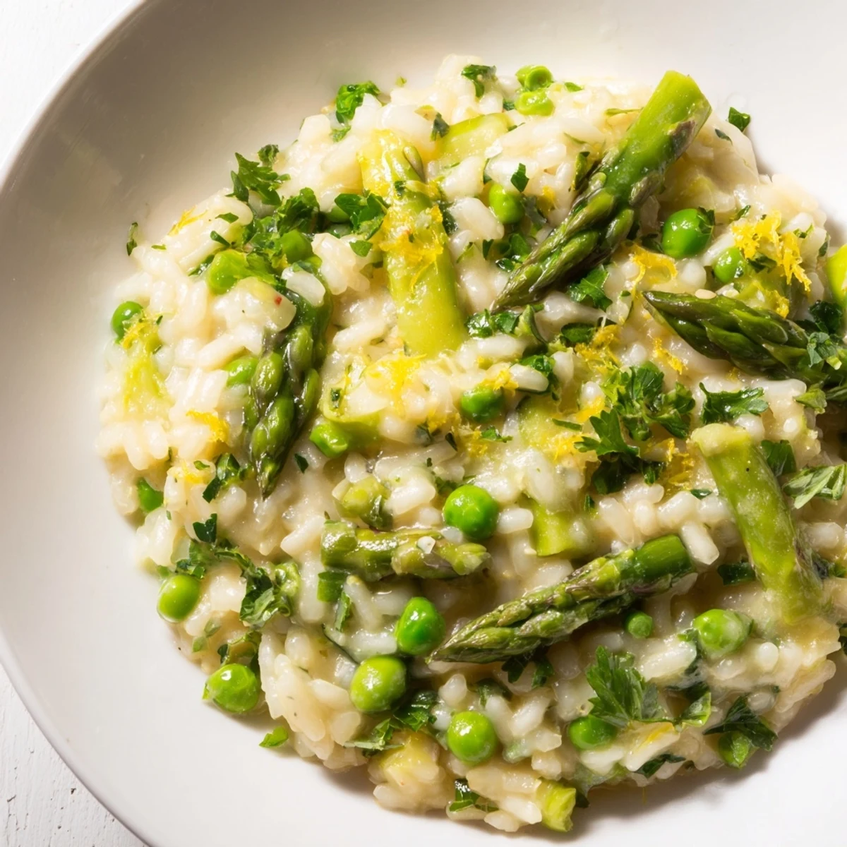 Spring Pea and Asparagus Risotto servi avec une tranche de pain grillé et un verre de vin blanc, mettant en valeur sa texture onctueuse.