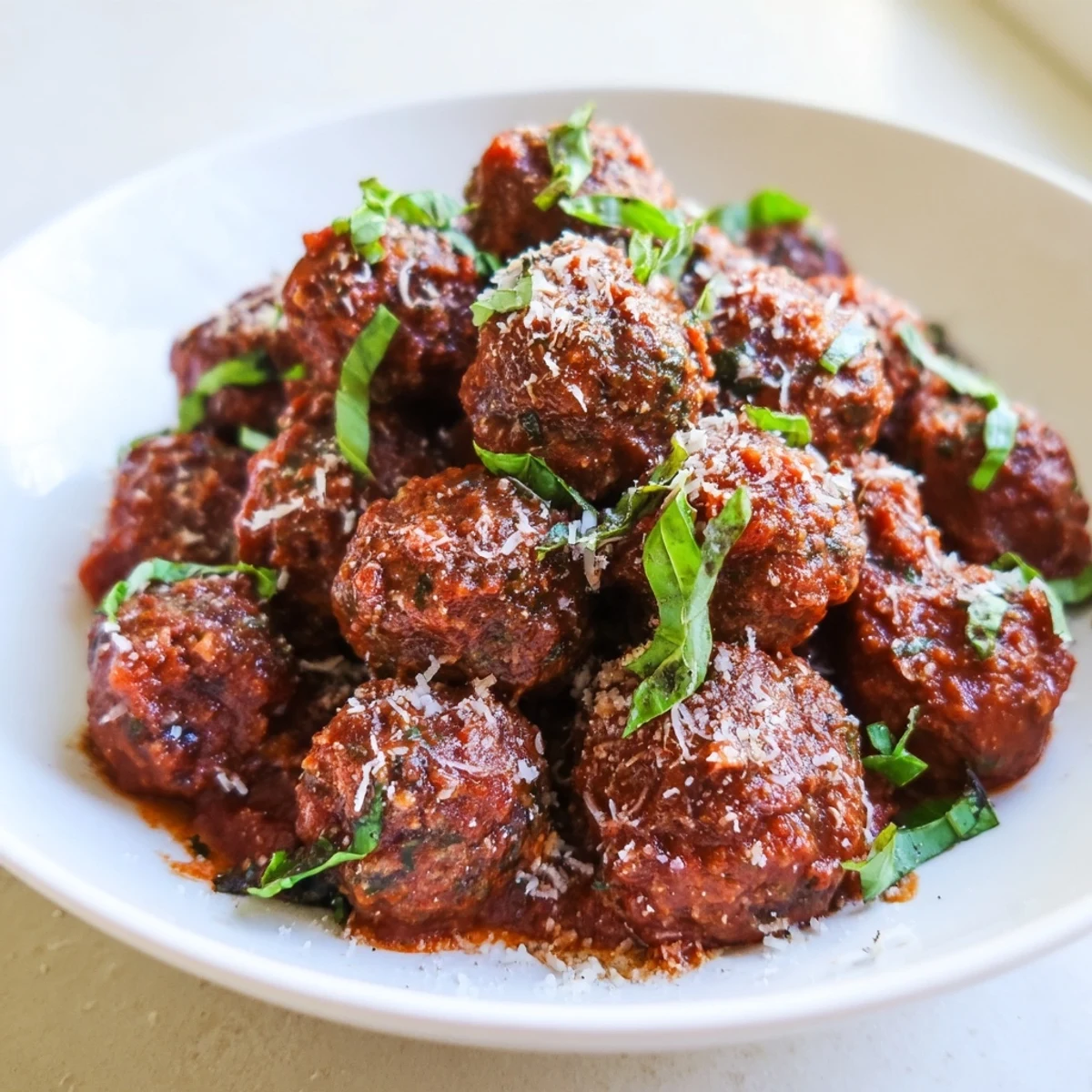 Des boulettes de bœuf juteuses nappées d’une sauce marinara parfumée, servies sur un plat en céramique chaleureux.  