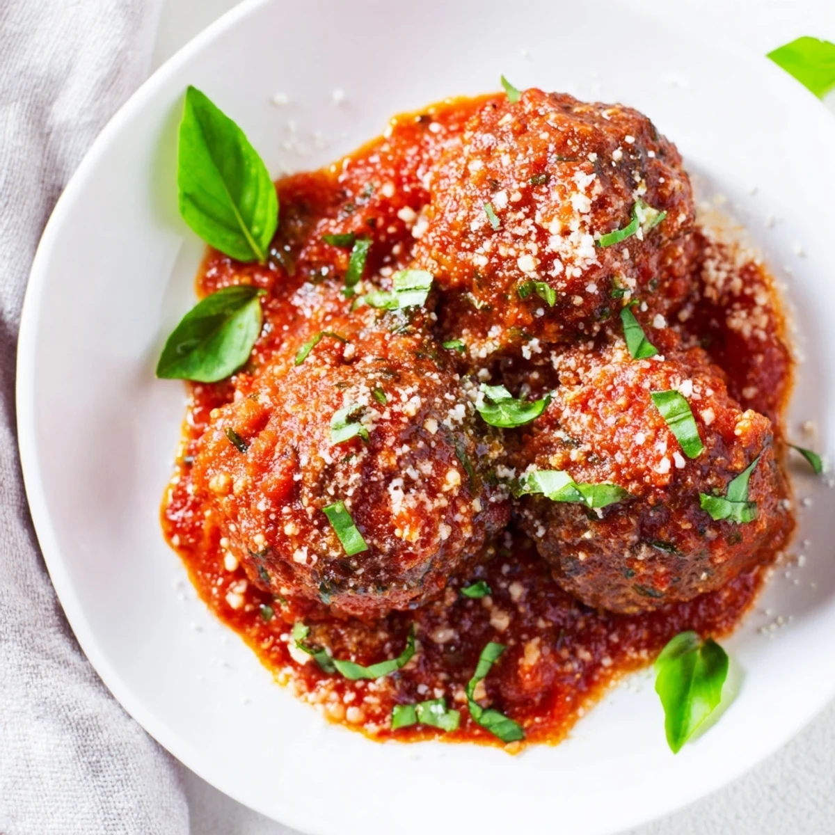 Boulettes de bœuf tendres mijotées dans une sauce marinara épicée, garnies de feuilles de basilic frais.