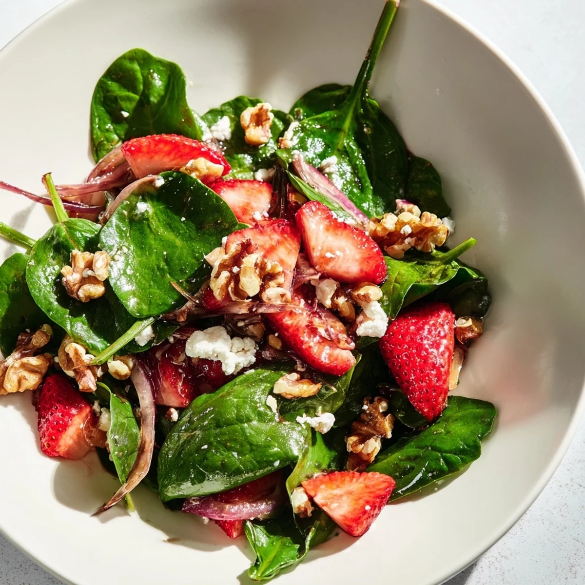 Un bol vibrant de salade aux épinards frais et fraises, garni de noix concassées et de fromage feta émietté, avec une vinaigrette au vinaigre balsamique.