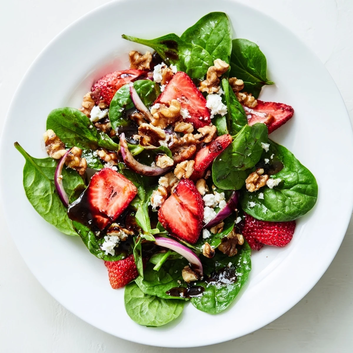 Rouge et vert vifs dans cette salade aux épinards et fraises, parsemée de croquantes noix et assaisonnée généreusement d'une vinaigrette à l'huile d'olive.