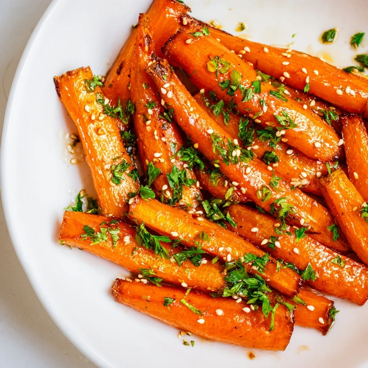 Glowing roasted carrots with honey glaze, lightly caramelized and garnished with fresh parsley.  